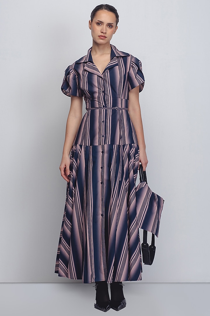 Pink & Navy Cotton Poplin Printed Stripe Vacation Dress by LEH STUDIOS at Pernia's Pop Up Shop