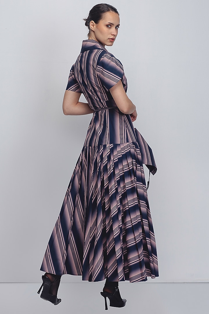 Pink & Navy Cotton Poplin Printed Stripe Vacation Dress by LEH STUDIOS at Pernia's Pop Up Shop
