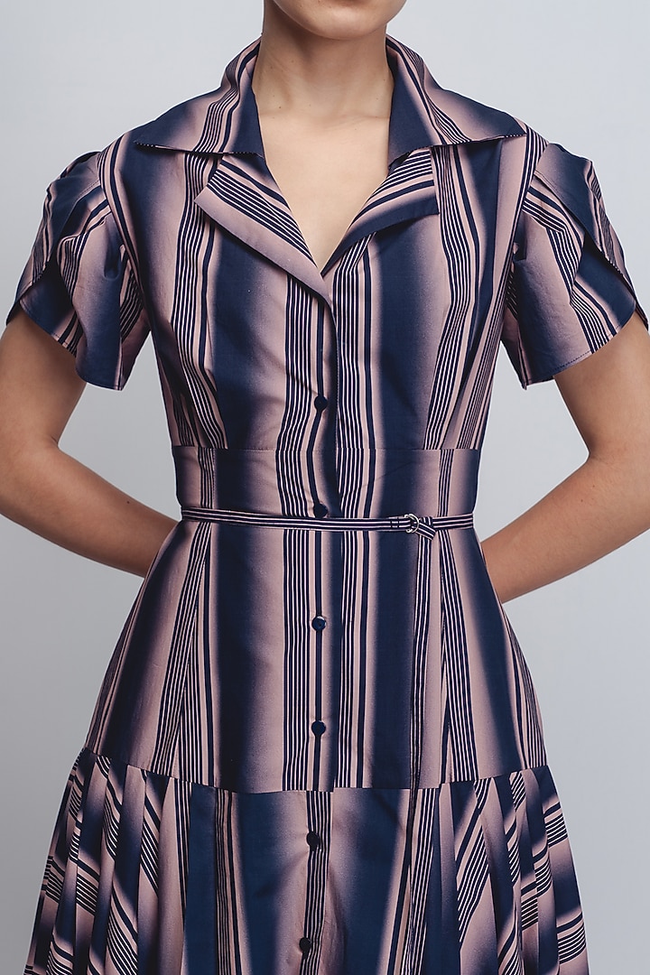 Pink & Navy Cotton Poplin Printed Stripe Vacation Dress by LEH STUDIOS at Pernia's Pop Up Shop