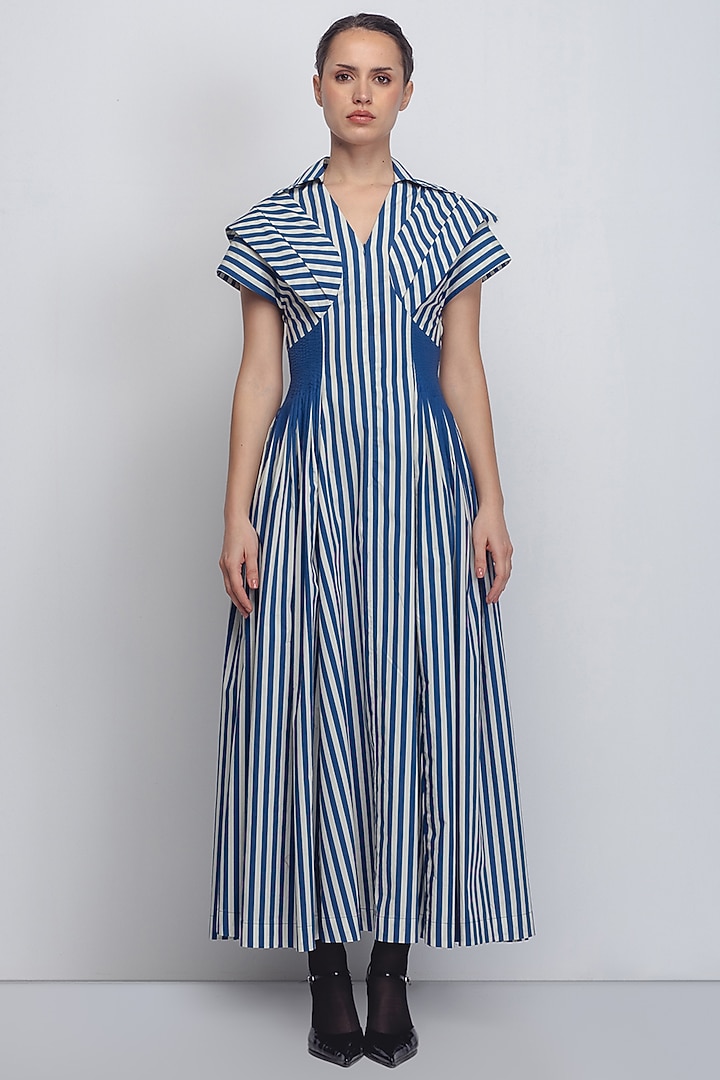 Cobalt & White Cotton Poplin Striped Vacation Dress by LEH STUDIOS at Pernia's Pop Up Shop