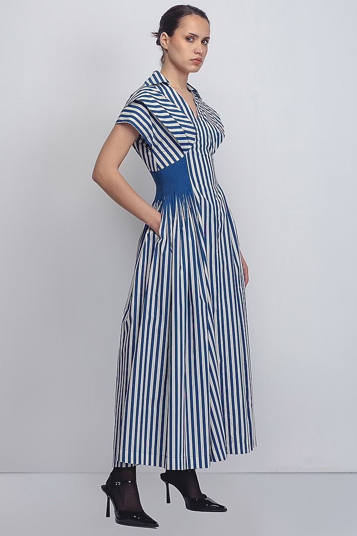 Cobalt & White Cotton Poplin Striped Vacation Dress by LEH STUDIOS at Pernia's Pop Up Shop