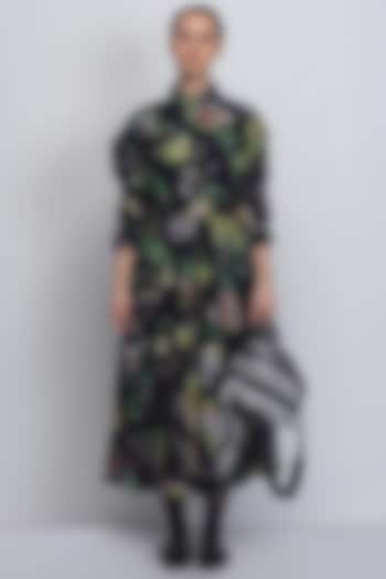 Black Cotton Silk & Chanderi Printed Cocktail Dress by LEH STUDIOS at Pernia's Pop Up Shop