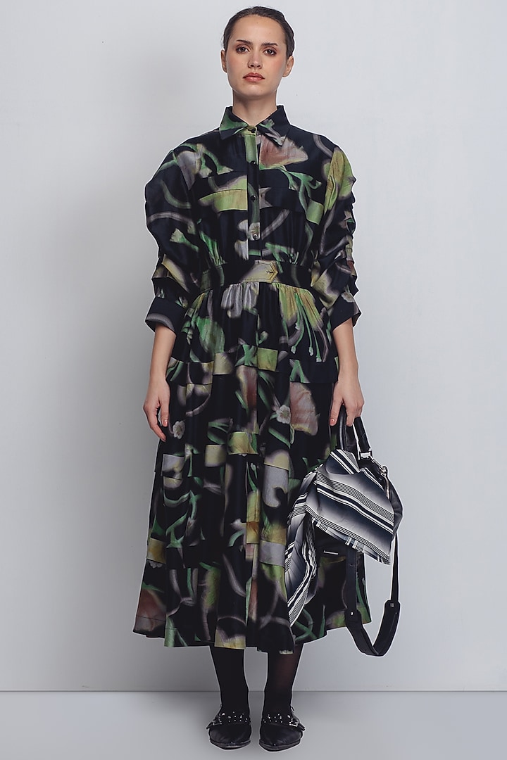 Black Cotton Silk & Chanderi Printed Cocktail Dress by LEH STUDIOS at Pernia's Pop Up Shop