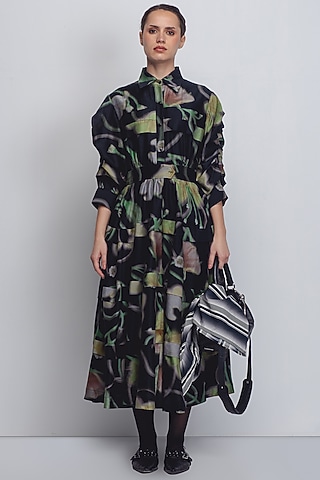 Black Cotton Silk & Chanderi Printed Dress by LEH STUDIOS