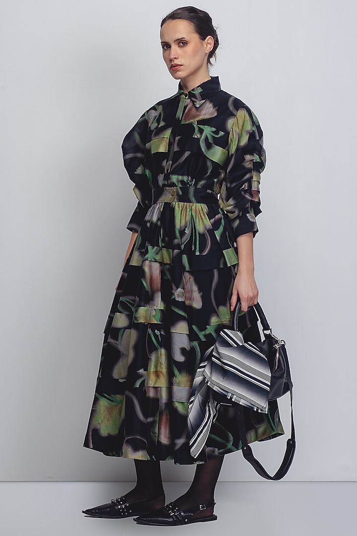 Black Cotton Silk & Chanderi Printed Cocktail Dress by LEH STUDIOS at Pernia's Pop Up Shop