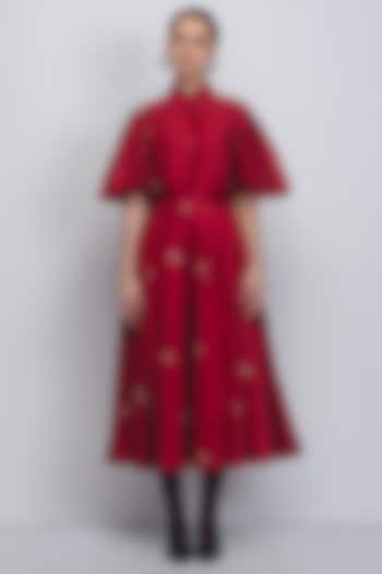 Red Cotton Silk & Chanderi Hand Embroidered Cocktail Dress by LEH STUDIOS at Pernia's Pop Up Shop