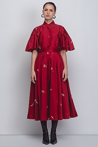 Red Cotton Silk & Chanderi Hand Embroidered Dress by LEH STUDIOS