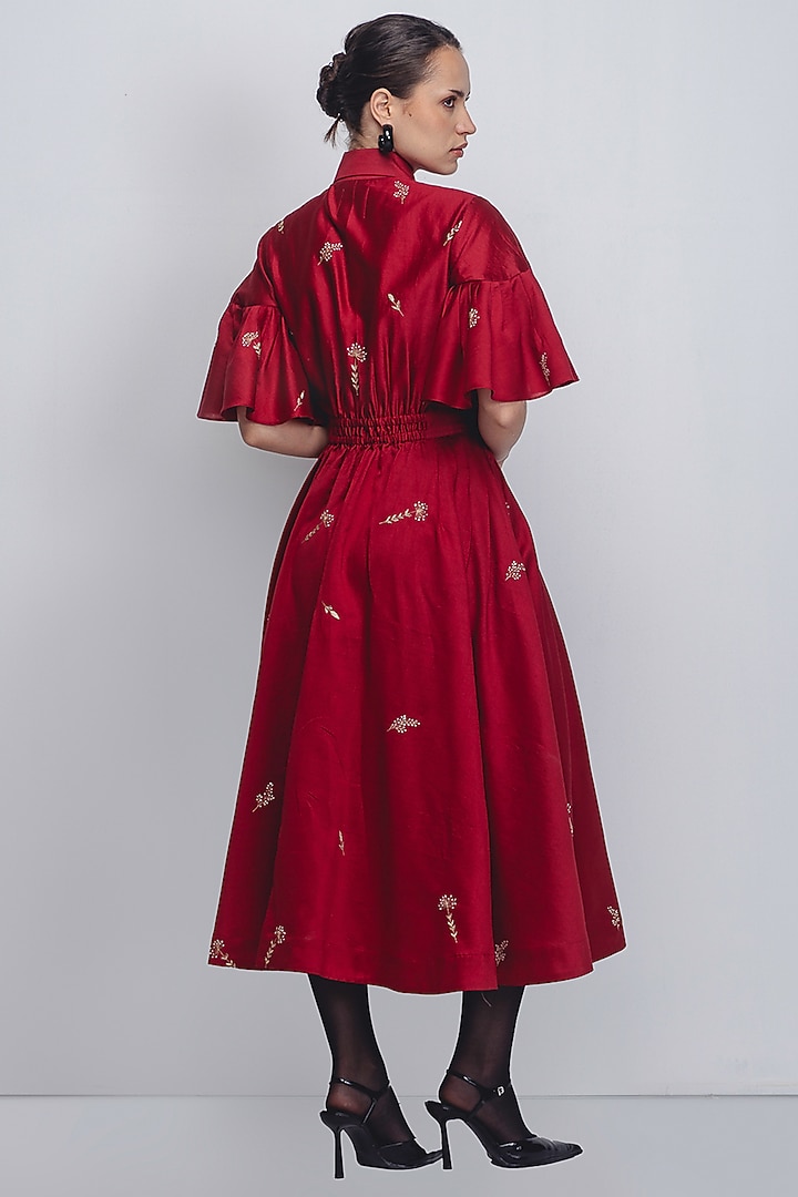 Red Cotton Silk & Chanderi Hand Embroidered Cocktail Dress by LEH STUDIOS at Pernia's Pop Up Shop