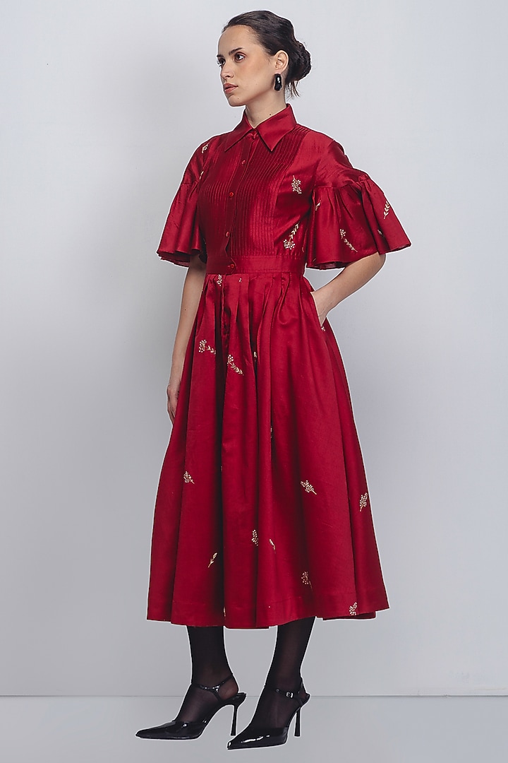 Red Cotton Silk & Chanderi Hand Embroidered Cocktail Dress by LEH STUDIOS at Pernia's Pop Up Shop