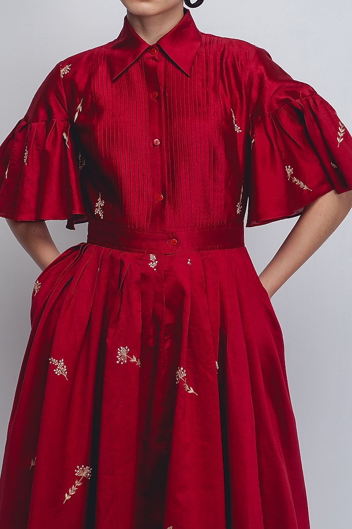 Red Cotton Silk & Chanderi Hand Embroidered Cocktail Dress by LEH STUDIOS at Pernia's Pop Up Shop