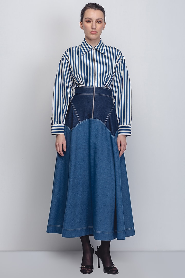 Denim Blue Cotton Khadi Denim & Cotton Poplin Vacation Dress by LEH STUDIOS at Pernia's Pop Up Shop