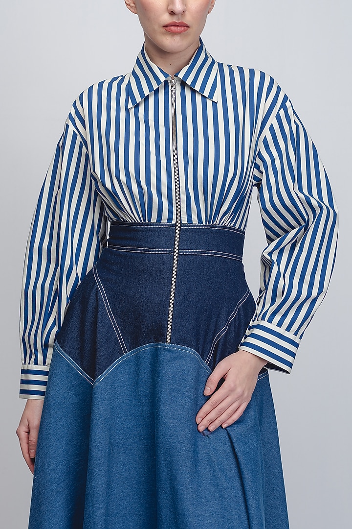Denim Blue Cotton Khadi Denim & Cotton Poplin Vacation Dress by LEH STUDIOS at Pernia's Pop Up Shop