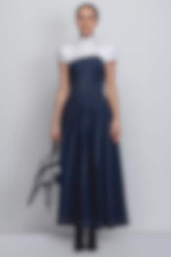 Denim Blue & White Cotton Khadi Denim Cocktail Dress by LEH STUDIOS at Pernia's Pop Up Shop