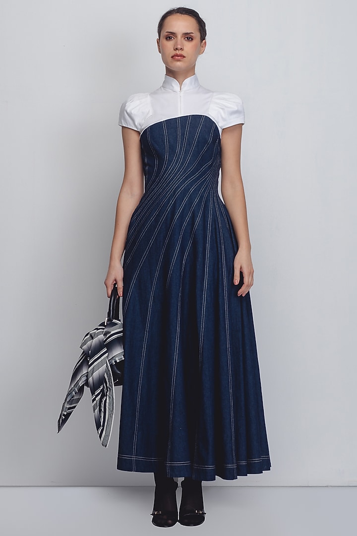 Denim Blue & White Cotton Khadi Denim Cocktail Dress by LEH STUDIOS at Pernia's Pop Up Shop