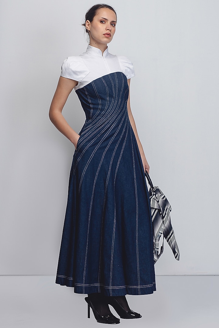 Denim Blue & White Cotton Khadi Denim Cocktail Dress by LEH STUDIOS at Pernia's Pop Up Shop