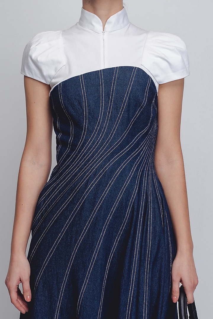 Denim Blue & White Cotton Khadi Denim Cocktail Dress by LEH STUDIOS at Pernia's Pop Up Shop