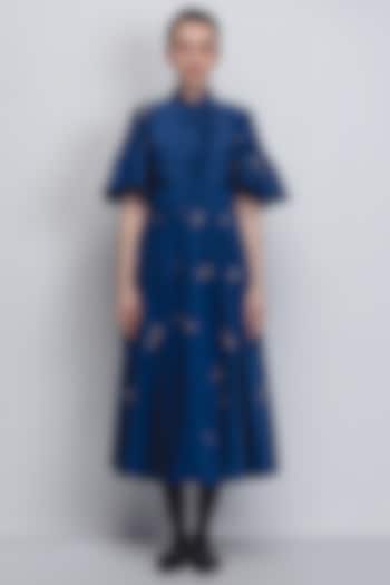 Cobalt Blue Cotton Silk & Chanderi Hand Embroidered Cocktail Dress by LEH STUDIOS at Pernia's Pop Up Shop