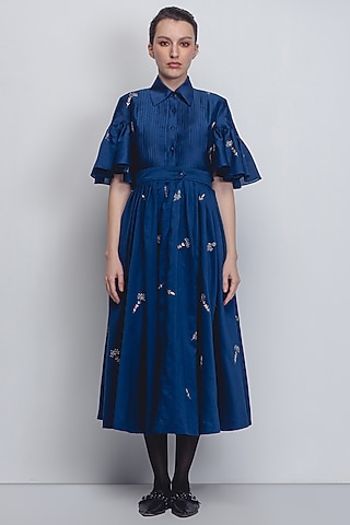 Cobalt Blue Cotton Silk & Chanderi Hand Embroidered Dress by LEH STUDIOS