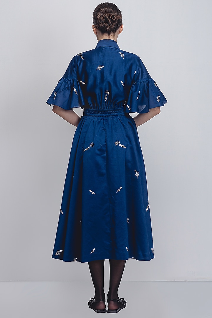 Cobalt Blue Cotton Silk & Chanderi Hand Embroidered Cocktail Dress by LEH STUDIOS at Pernia's Pop Up Shop