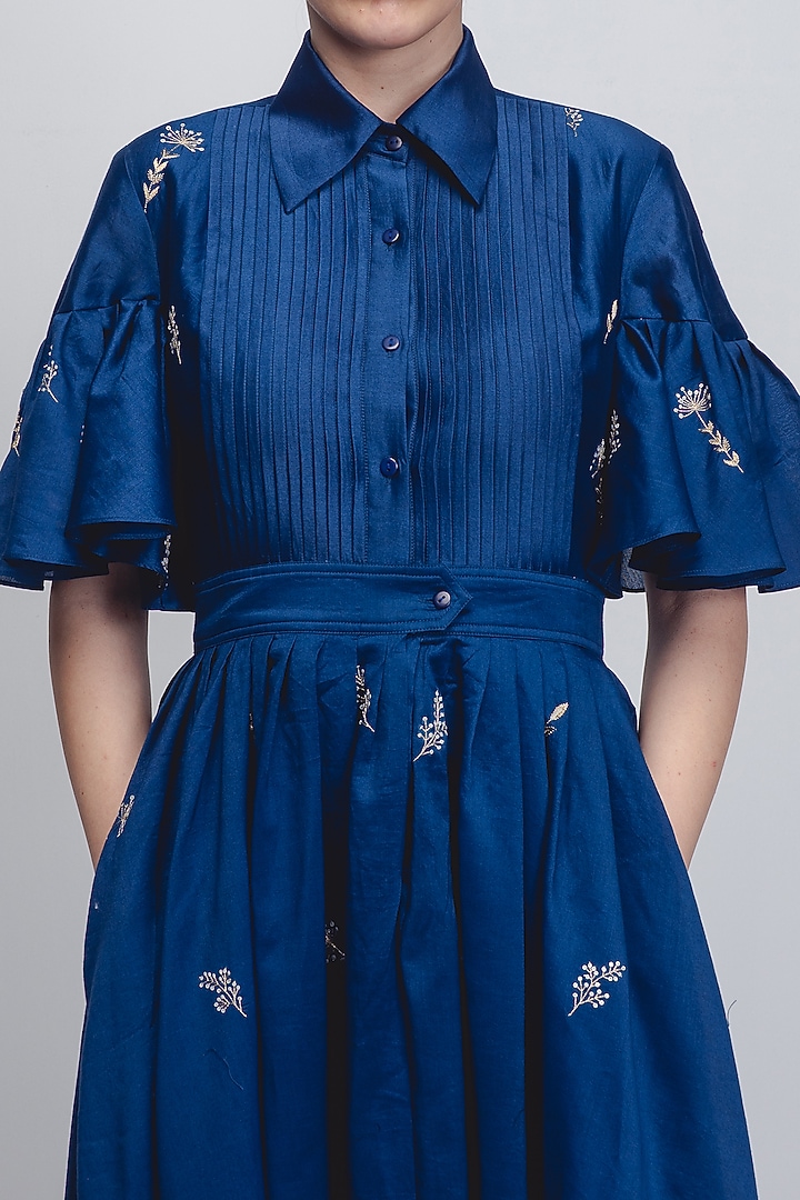 Cobalt Blue Cotton Silk & Chanderi Hand Embroidered Cocktail Dress by LEH STUDIOS at Pernia's Pop Up Shop