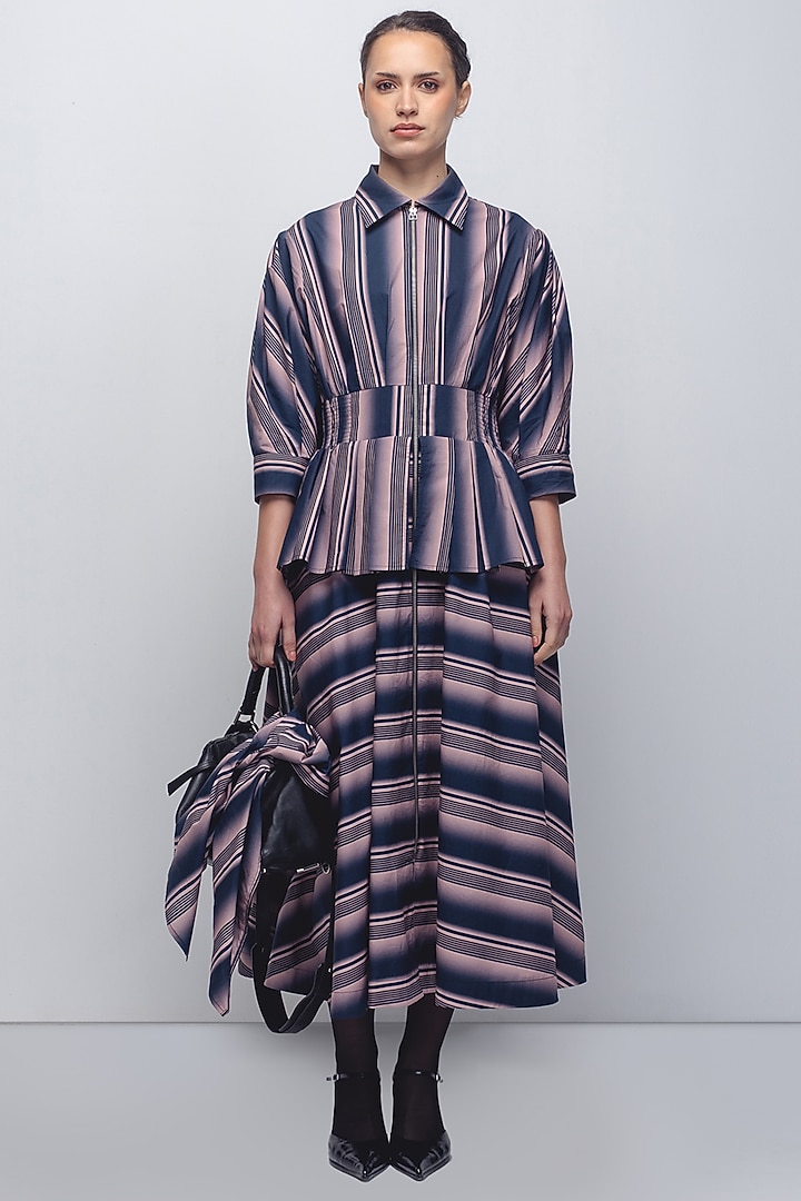 Navy Blue & Pink Cotton Striped Vacation Dress by LEH STUDIOS at Pernia's Pop Up Shop