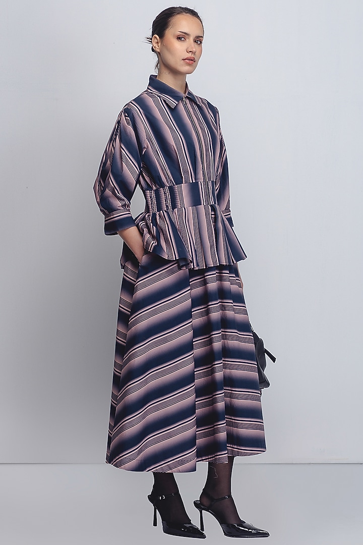 Navy Blue & Pink Cotton Striped Vacation Dress by LEH STUDIOS at Pernia's Pop Up Shop