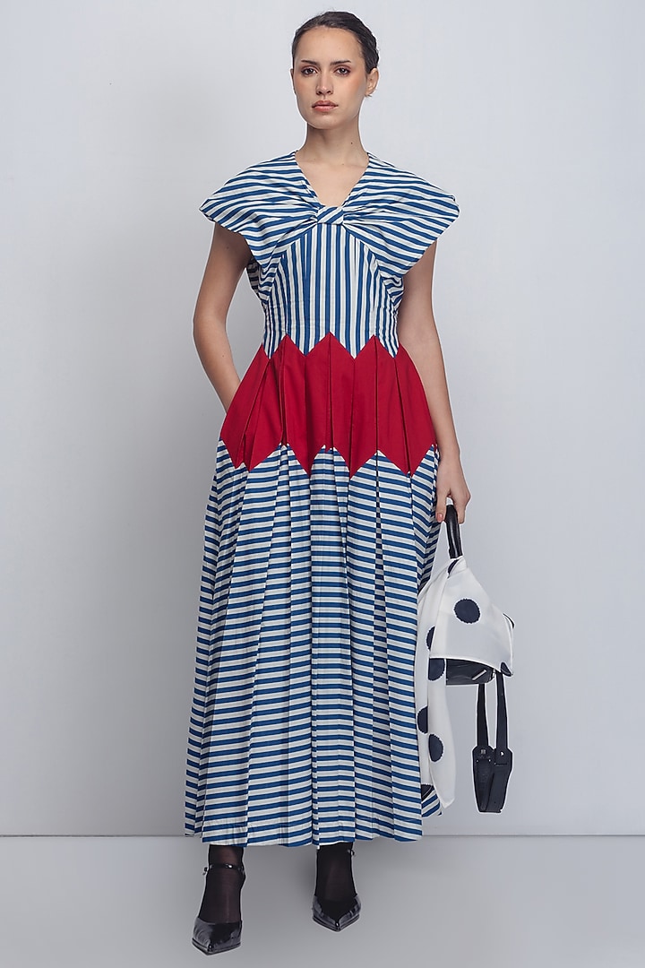 Blue & White Cotton Striped Vacation Dress by LEH STUDIOS at Pernia's Pop Up Shop