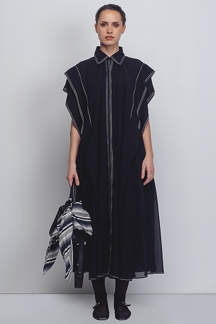 Black Viscose & Polyester Midi Vacation Dress by LEH STUDIOS at Pernia's Pop Up Shop