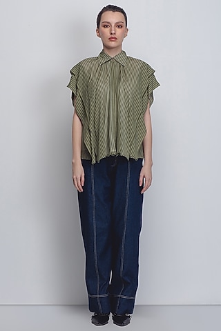 Green Georgette Striped Top by LEH STUDIOS