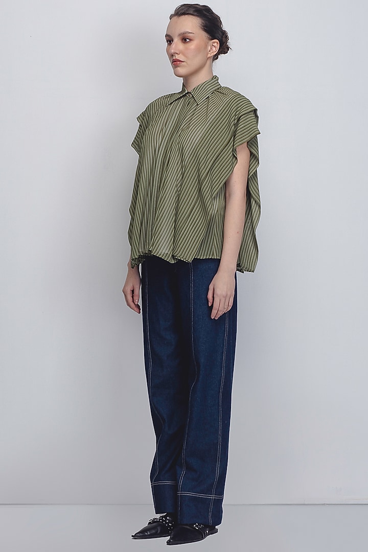 Green Georgette Striped Top by LEH STUDIOS at Pernia's Pop Up Shop