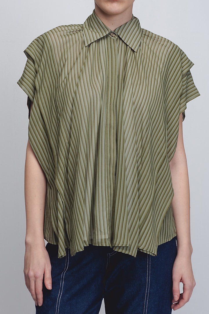 Green Georgette Striped Top by LEH STUDIOS at Pernia's Pop Up Shop
