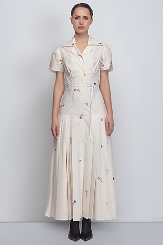 White Cotton Embroidered Dress by LEH STUDIOS