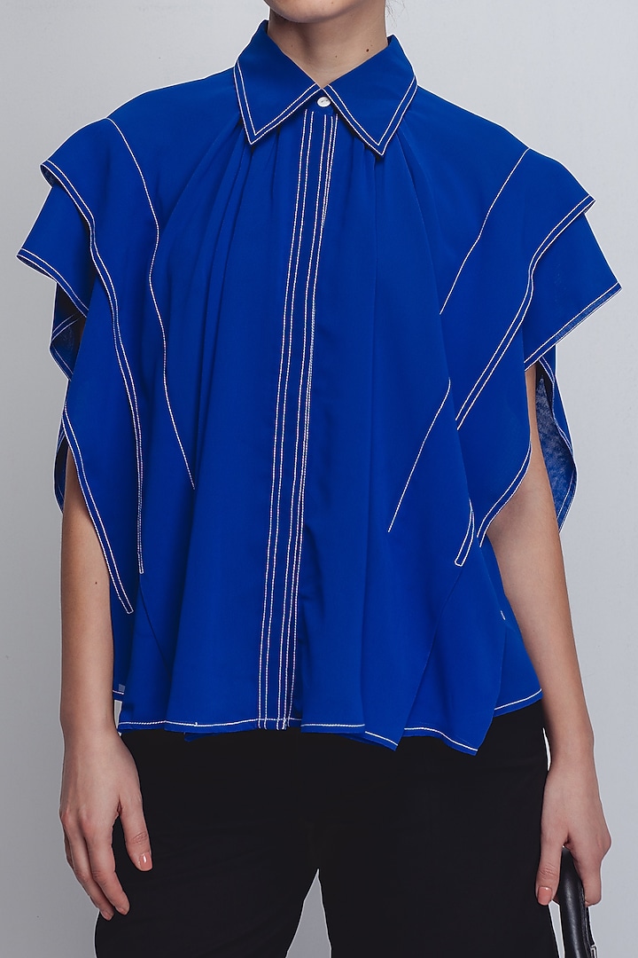 Electric Blue Viscose & Polyester Top by LEH STUDIOS at Pernia's Pop Up Shop