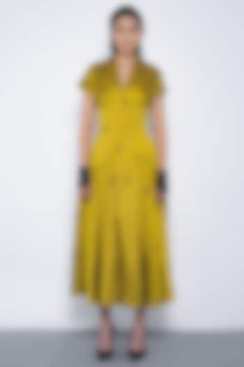 Mustard Viscose Floral Motif Embroidered Midi Vacation Dress by Leh at Pernia's Pop Up Shop