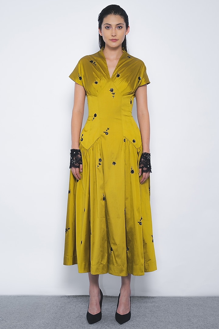 Mustard Viscose Floral Motif Embroidered Midi Vacation Dress by Leh at Pernia's Pop Up Shop