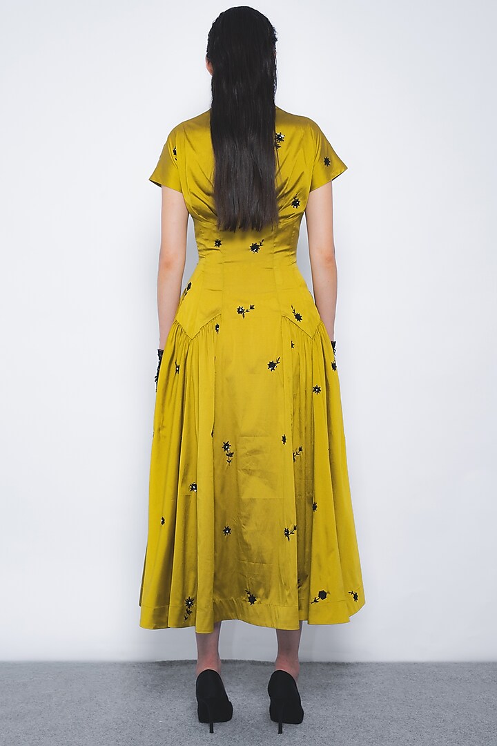 Mustard Viscose Floral Motif Embroidered Midi Vacation Dress by LEH STUDIOS at Pernia's Pop Up Shop