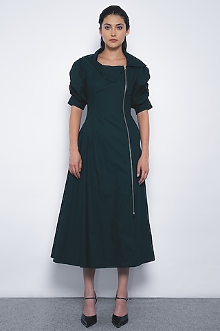 Forest Green Cotton Midi Dress by LEH STUDIOS