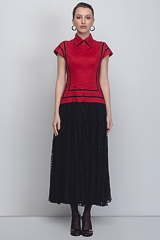 Red & Black Cotton Dress by LEH STUDIOS