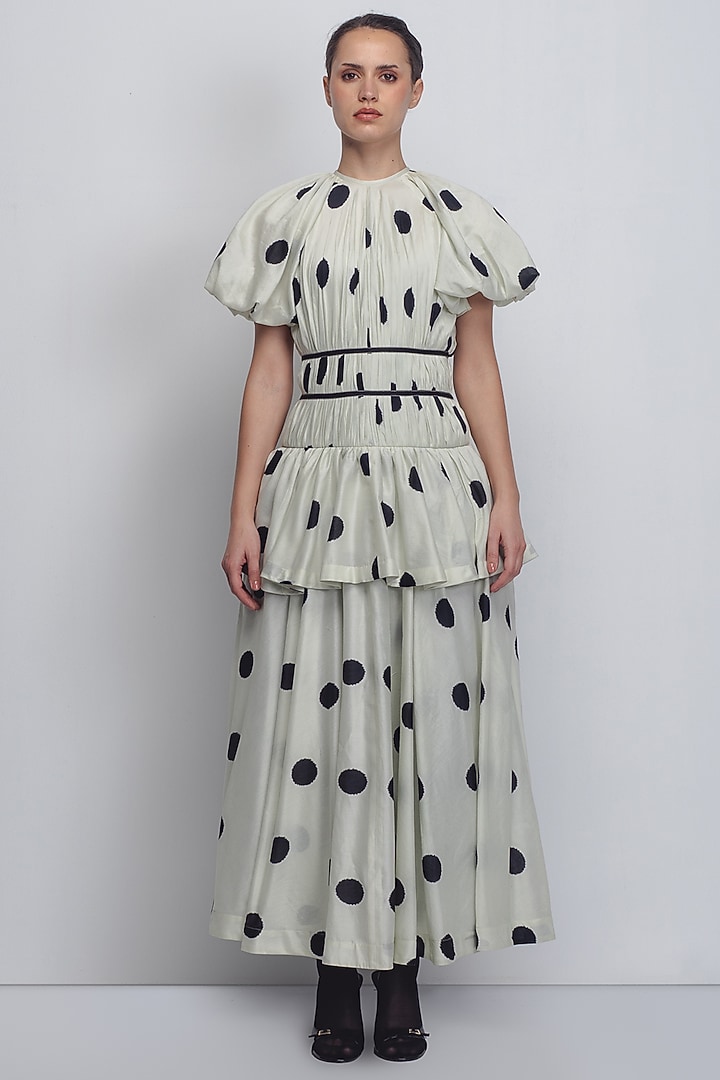 Off-White & Black Chanderi Polka Dot Printed Cocktail Dress by LEH STUDIOS at Pernia's Pop Up Shop