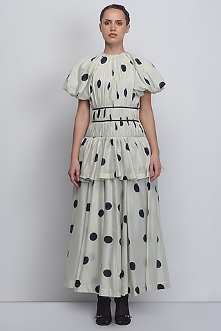 Off-White & Black Chanderi Polka Dot Printed Dress by LEH STUDIOS