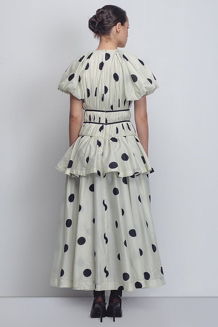 Off-White & Black Chanderi Polka Dot Printed Cocktail Dress by LEH STUDIOS at Pernia's Pop Up Shop
