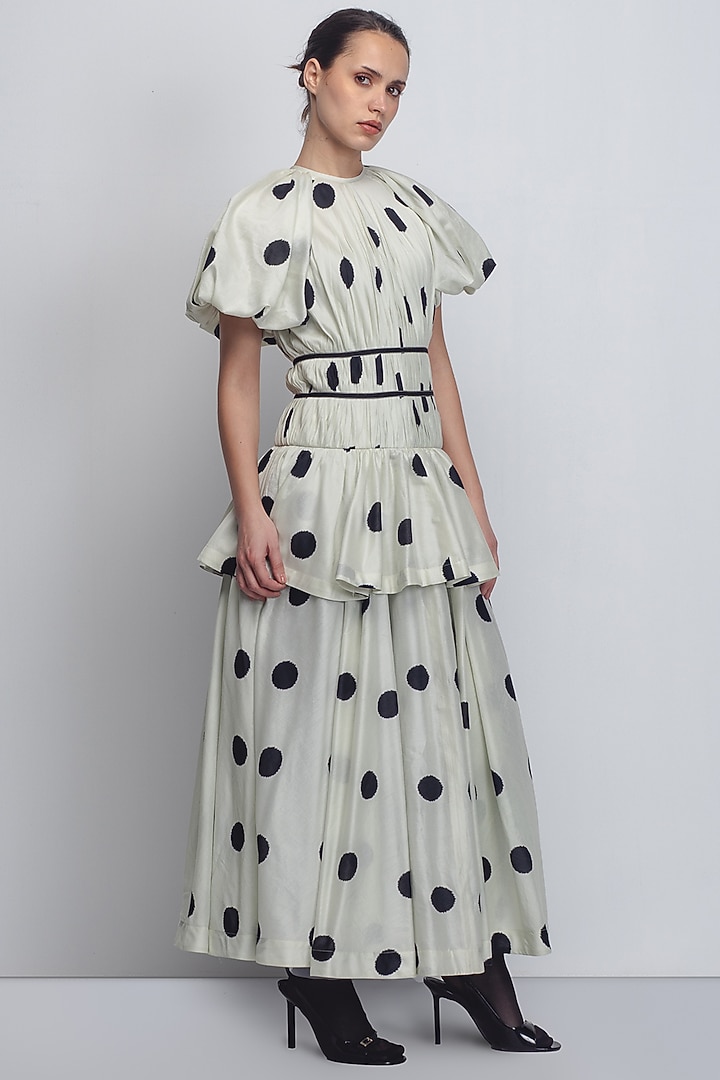 Off-White & Black Chanderi Polka Dot Printed Cocktail Dress by LEH STUDIOS at Pernia's Pop Up Shop