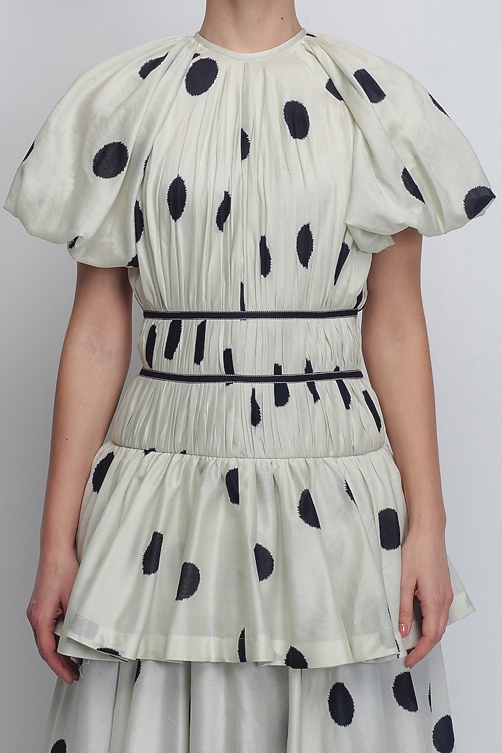 Off-White & Black Chanderi Polka Dot Printed Cocktail Dress by LEH STUDIOS at Pernia's Pop Up Shop