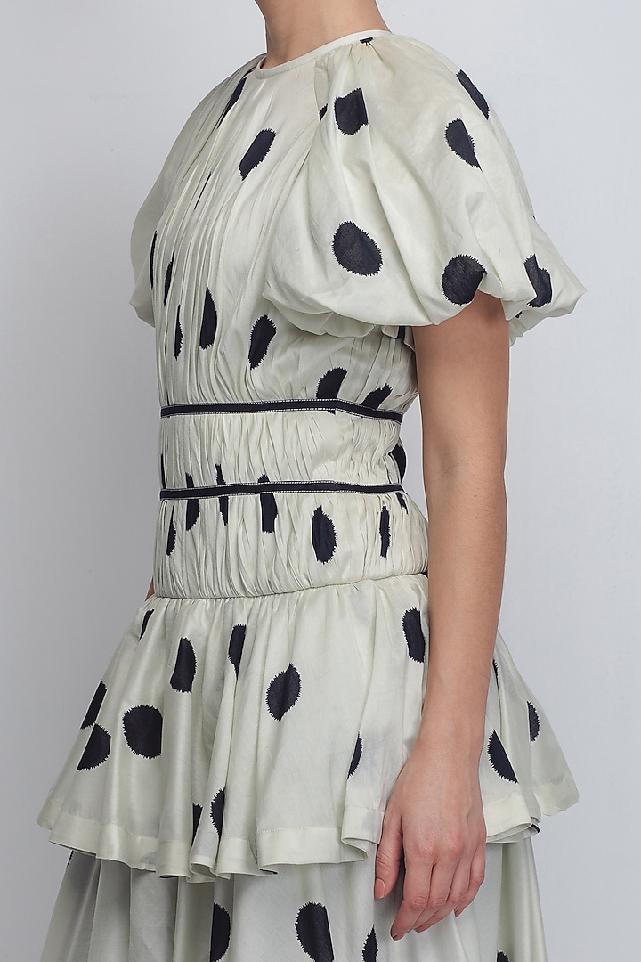 Off-White & Black Chanderi Polka Dot Printed Cocktail Dress by LEH STUDIOS at Pernia's Pop Up Shop