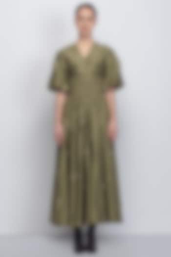 Olive Green Cotton Silk & Chanderi Embroidered Cocktail Dress by LEH STUDIOS at Pernia's Pop Up Shop