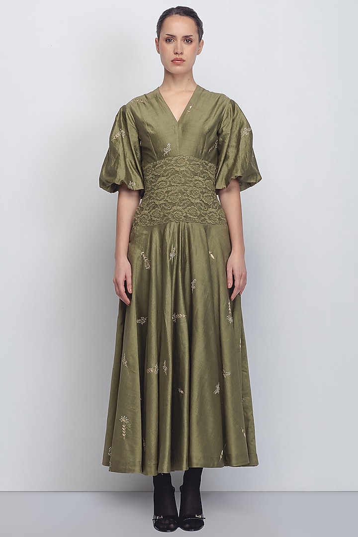 Olive Green Cotton Silk & Chanderi Embroidered Cocktail Dress by LEH STUDIOS at Pernia's Pop Up Shop