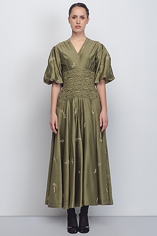 Olive Green Cotton Silk & Chanderi Embroidered Dress by LEH STUDIOS