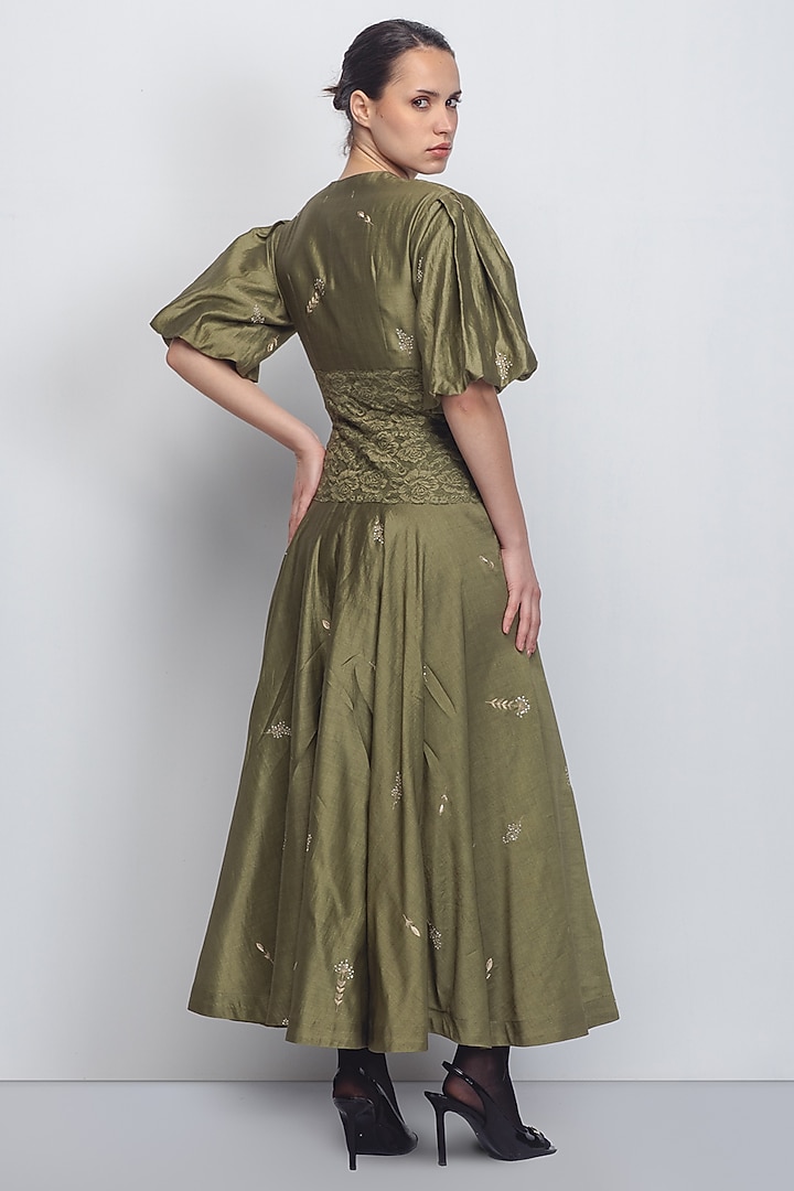 Olive Green Cotton Silk & Chanderi Embroidered Cocktail Dress by LEH STUDIOS at Pernia's Pop Up Shop