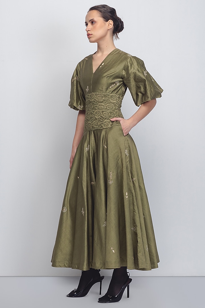 Olive Green Cotton Silk & Chanderi Embroidered Cocktail Dress by LEH STUDIOS at Pernia's Pop Up Shop