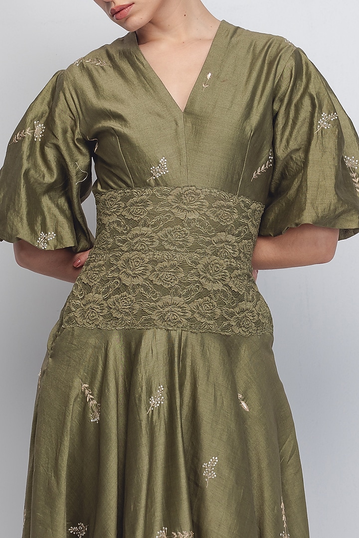 Olive Green Cotton Silk & Chanderi Embroidered Cocktail Dress by LEH STUDIOS at Pernia's Pop Up Shop